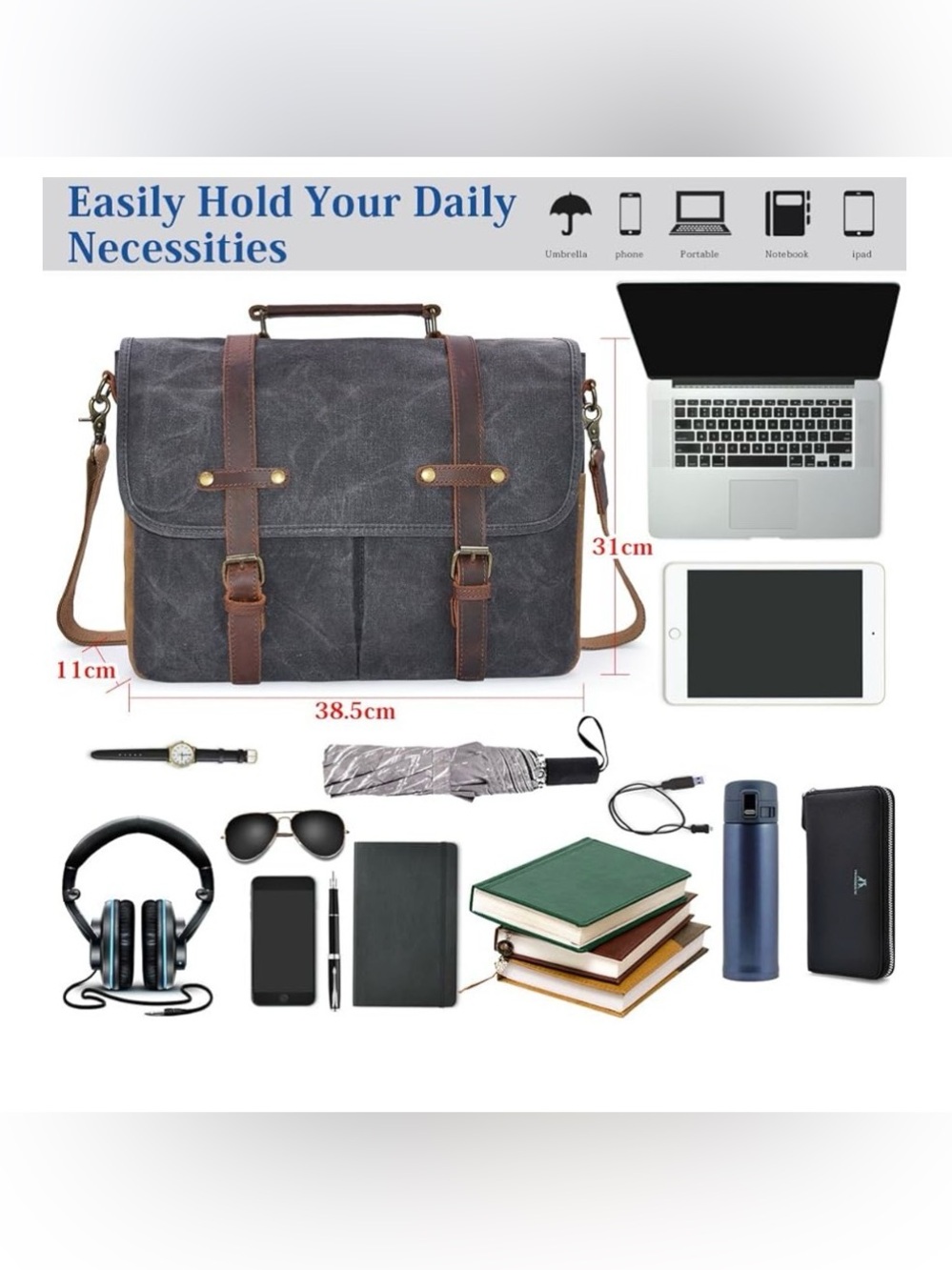 Newhey Gray Brown Thick Waxed Canvas Laptop Commuter Academic Satchel Bag - Picture 3 of 16